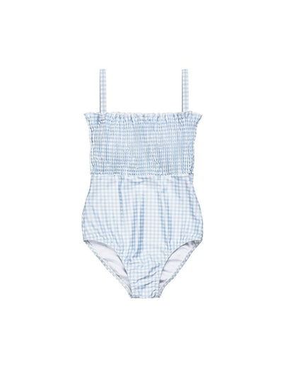 woman gingham one piece swimsuit in blue