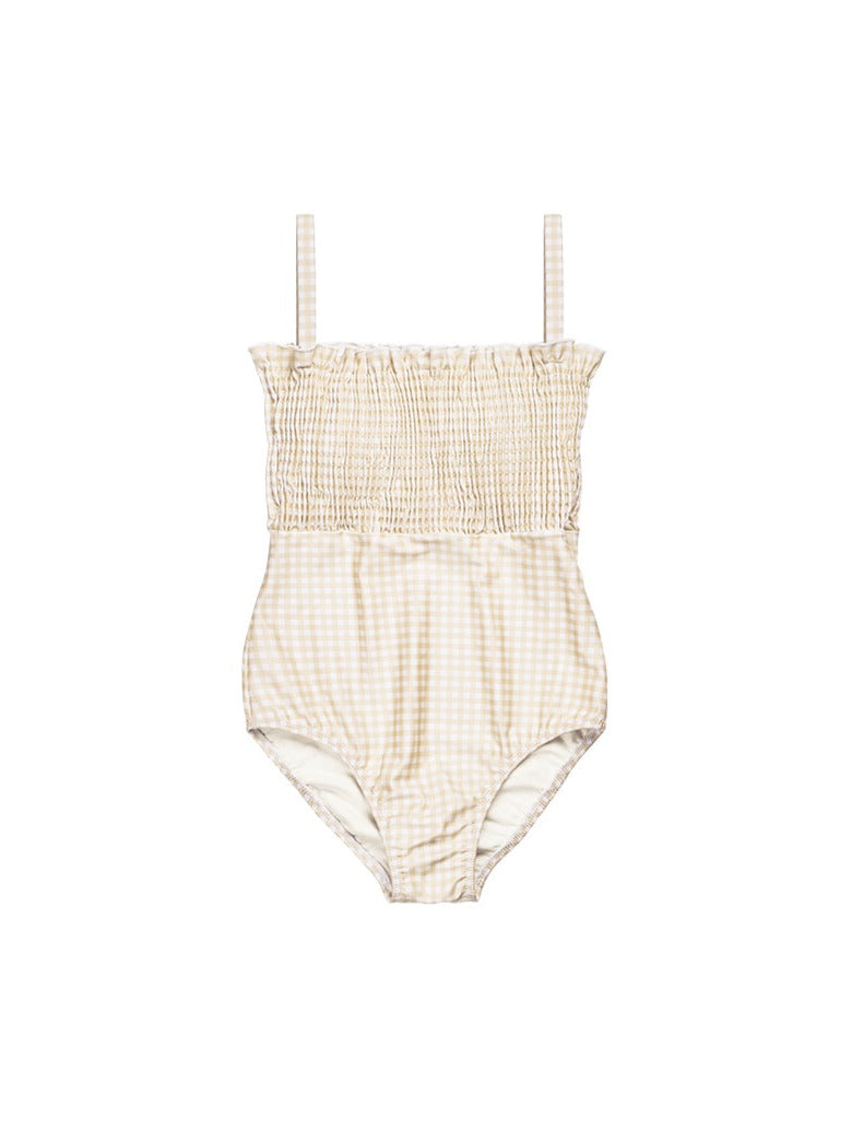 woman gingham one piece swimsuit in brown beige