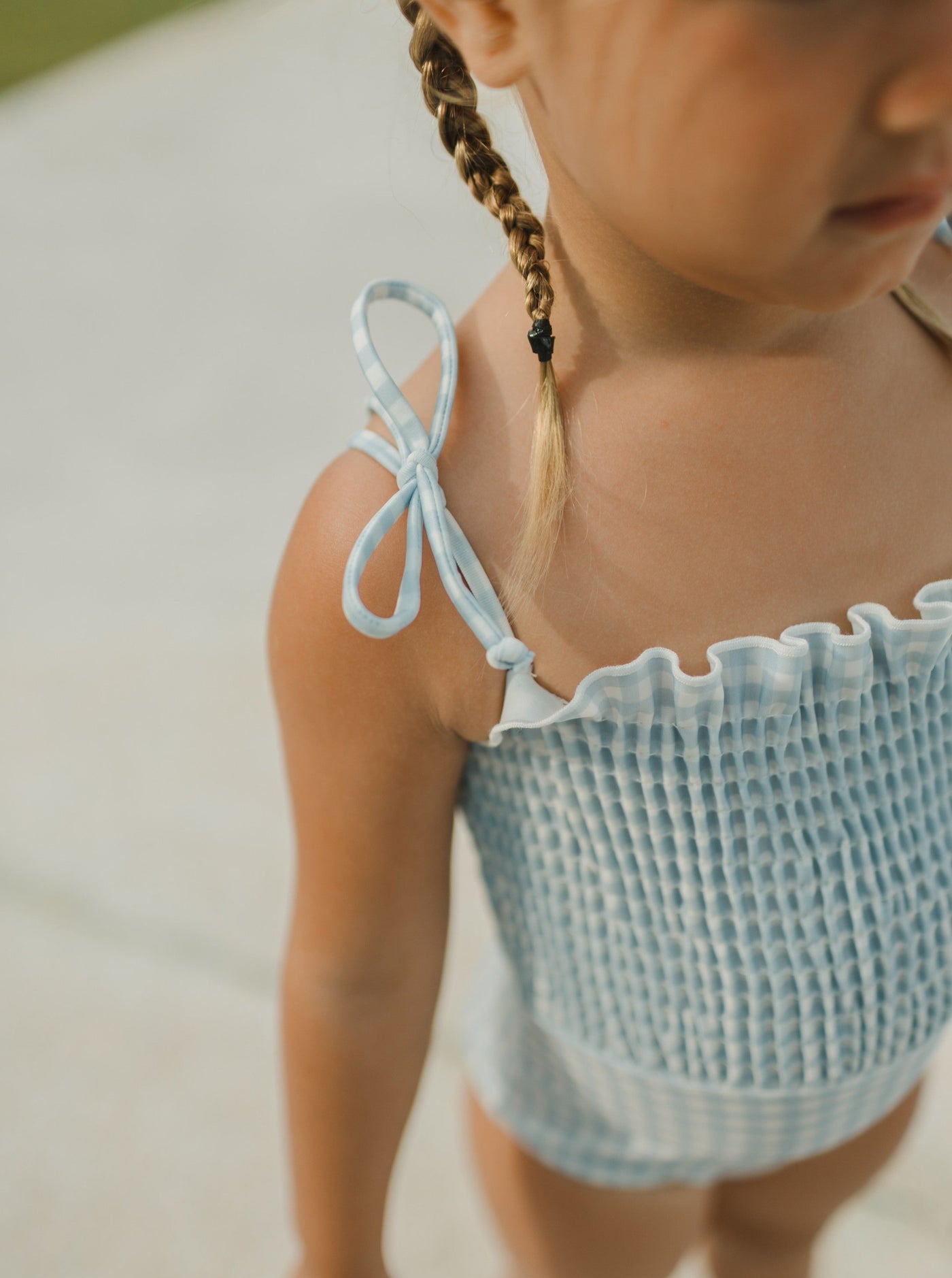 Girls blue gingham print one piece swimsuit for kids