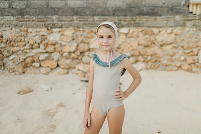 girls ruffle collar one piece swim suit in beige mocha color