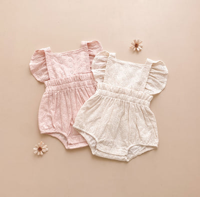 baby girl eyelet fabric pink and white romper
