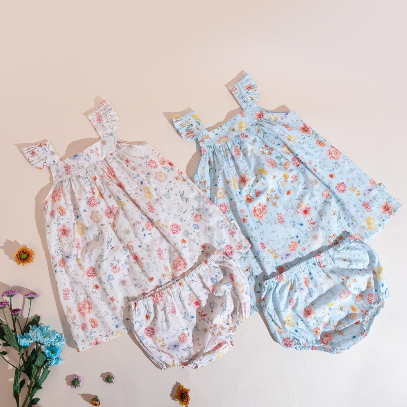baby girls dress in floral print, with matching bloomers