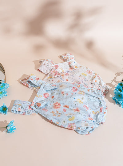 toshi baby girl one piece romper in blue and pink floral print