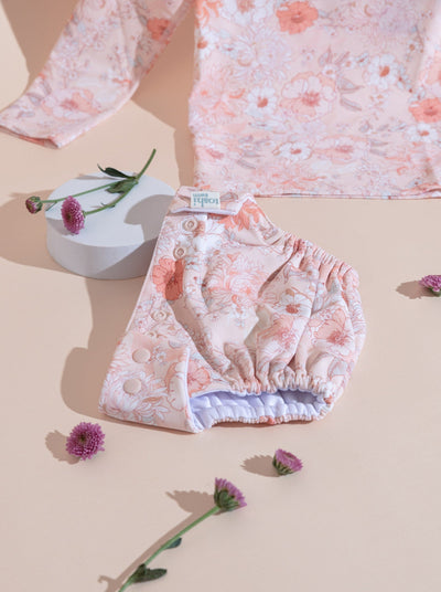 toshi baby rash guard and swim diapers in pink floral prints