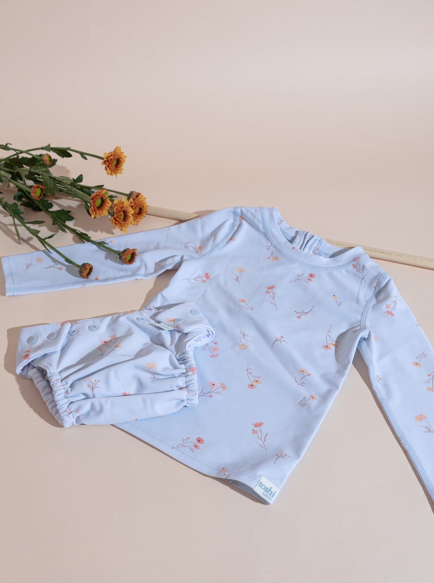toshi baby rash guard and swim diapers in blue floral prints