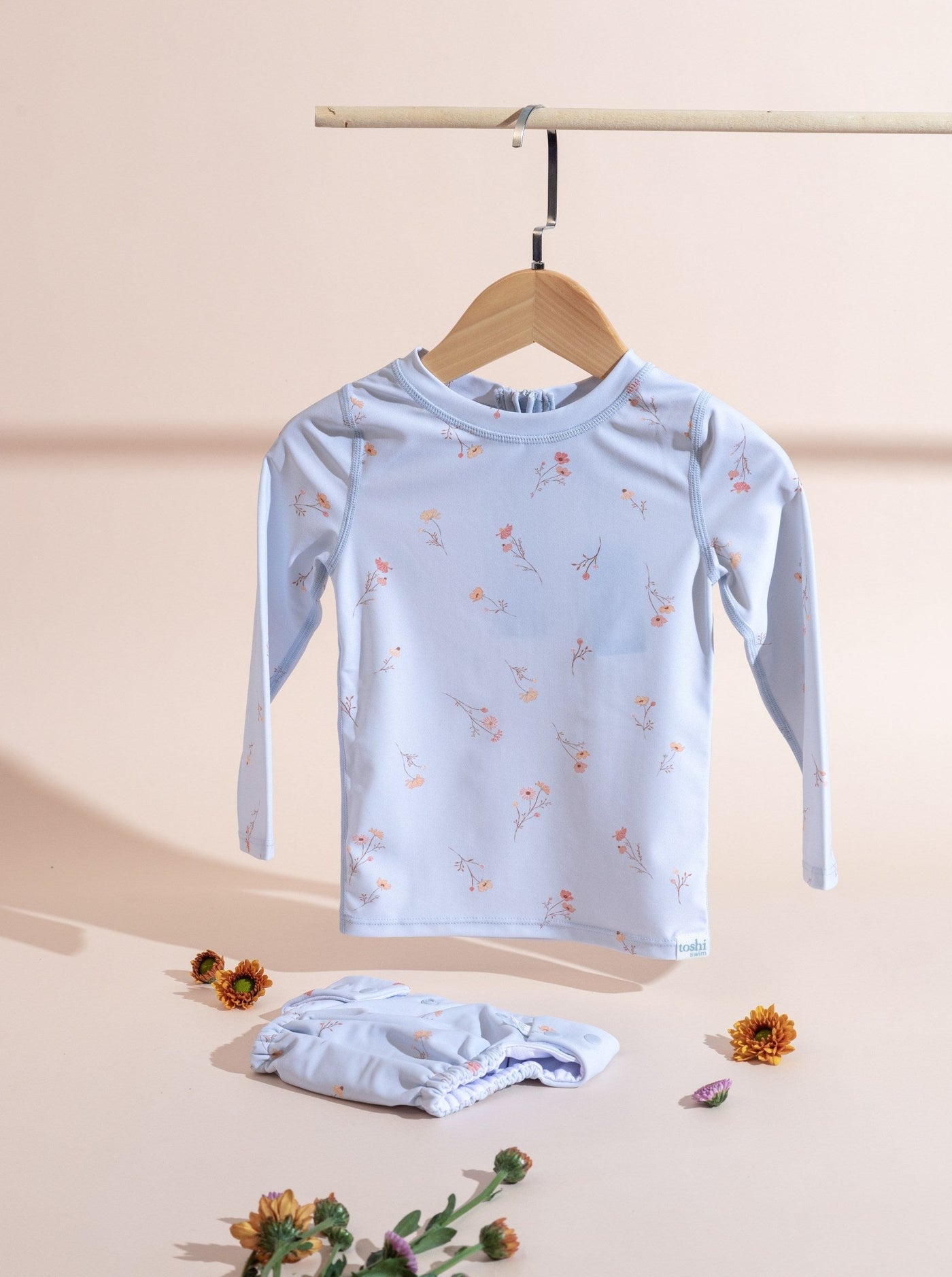 toshi baby swim rash guard and diapers in blue floral prints