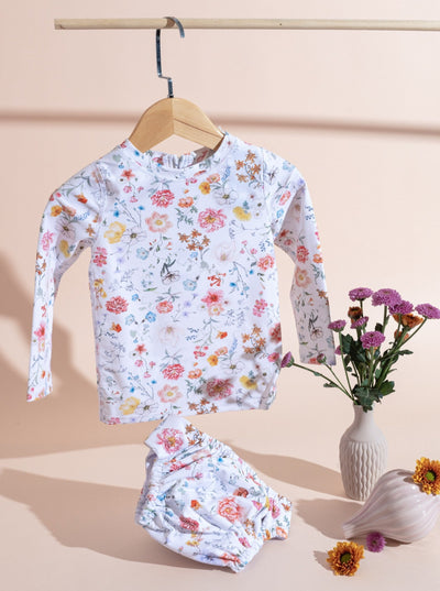 toshi baby rash guard and swim diapers in white floral prints