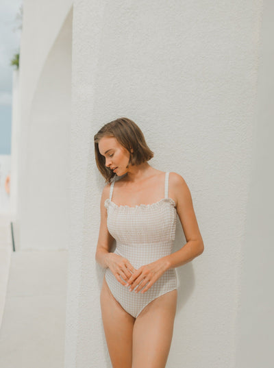 Woman Beige gingham one piece swimsuit