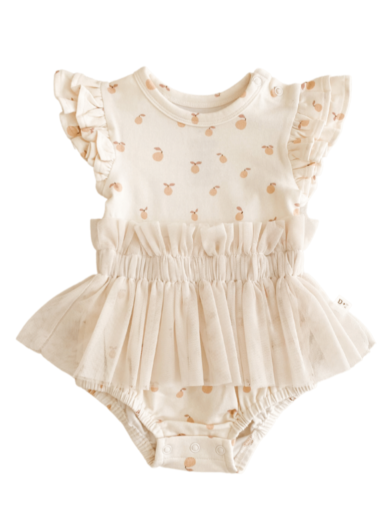 baby girl tulle romper in peaches print