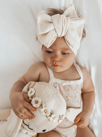 baby girls oversized bow topknot headband in oat color